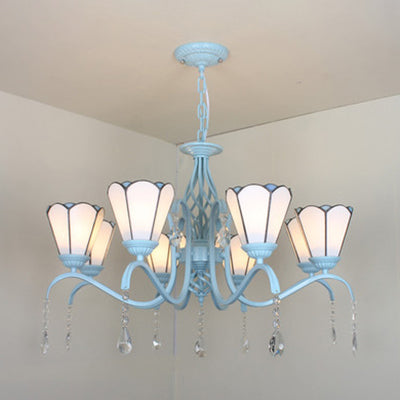 Clear Crystal Tiffany Stained Glass Cone Chandelier with 8 Hanging Lights in Blue/White/Clear