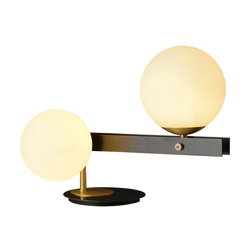 Modern Opal Glass Sphere Table Light With Black Metal Base - 2 Bulbs Small Desk Lamp