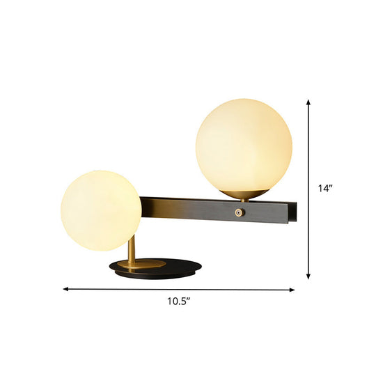 Modern Opal Glass Sphere Table Light With Black Metal Base - 2 Bulbs Small Desk Lamp