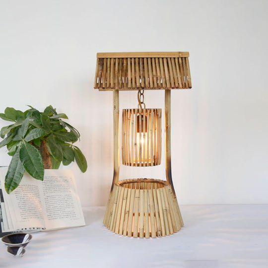 Chinese Bamboo Desk Light: Authentic Hand-Crafted 1 Bulb Task Lighting In Khaki For Teahouse