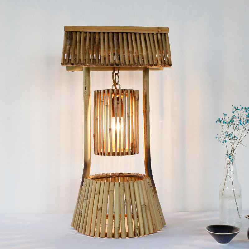 Chinese Bamboo Desk Light: Authentic Hand-Crafted 1 Bulb Task Lighting In Khaki For Teahouse