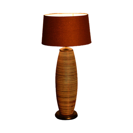 Asia Wood Small Desk Lamp With Oval Task Lighting Coffee Color And Fabric Drum Shade