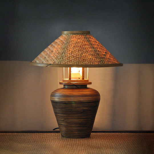 Wooden Asian Urn Desk Lamp With Bamboo Shade In Brown