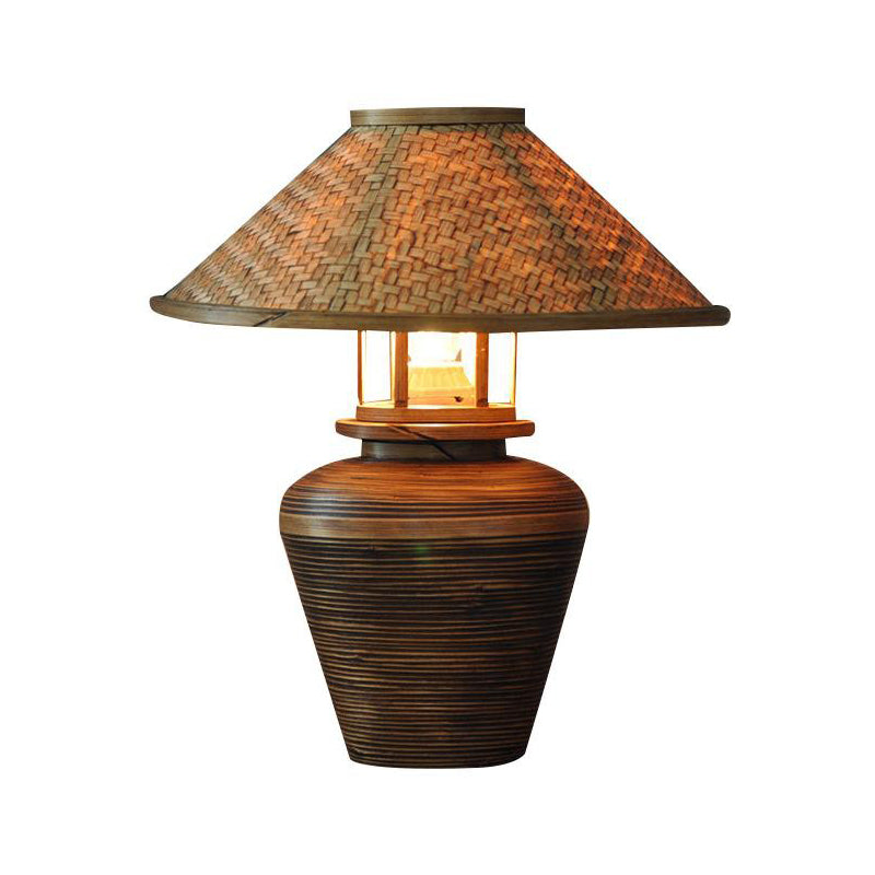 Wooden Asian Urn Desk Lamp With Bamboo Shade In Brown