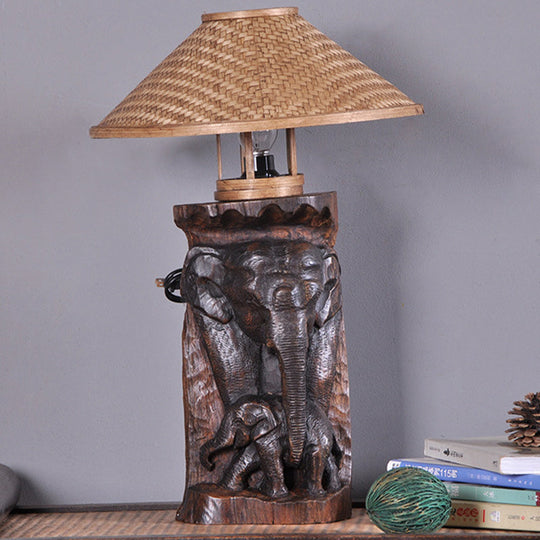 Flare Task Light: Bamboo Wide Asia 1-Head Beige Small Desk Lamp With Wood Elephant Accent