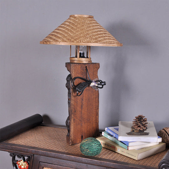 Flare Task Light: Bamboo Wide Asia 1-Head Beige Small Desk Lamp With Wood Elephant Accent