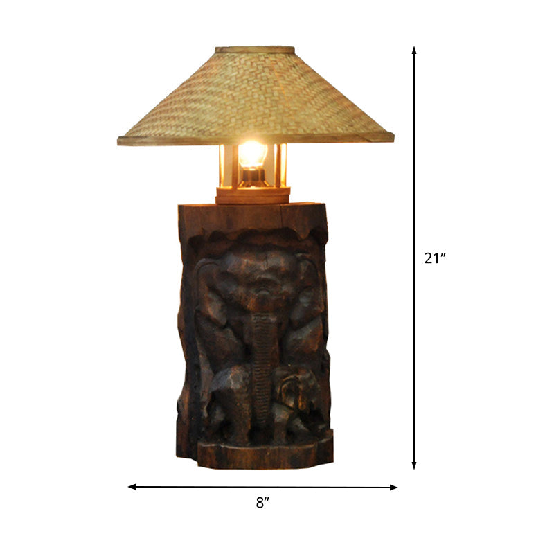 Flare Task Light: Bamboo Wide Asia 1-Head Beige Small Desk Lamp With Wood Elephant Accent