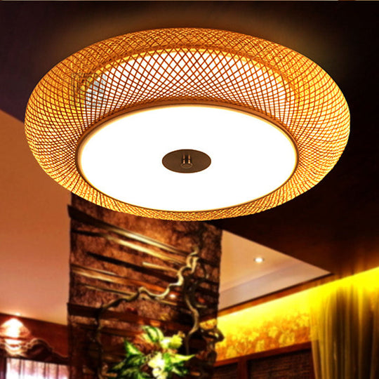 Hand Woven Chinese Bamboo Close to Ceiling Lighting in Flaxen - 2 Heads Flush Mount