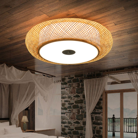 Hand Woven Chinese Bamboo Close to Ceiling Lighting in Flaxen - 2 Heads Flush Mount