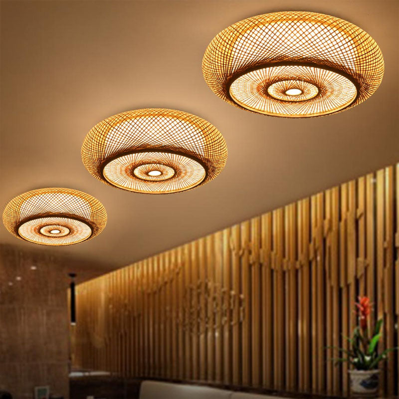 Flush Mount Ceiling Lighting with Asian-Inspired Flaxen Donut Bamboo Shade