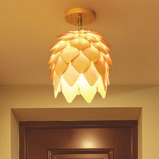 Asia Beige Dome Wood Shade Semi Flush Ceiling Mounted Light for Bedroom