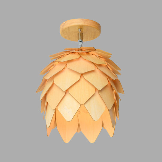 Asia Beige Dome Wood Shade Semi Flush Ceiling Mounted Light For Bedroom