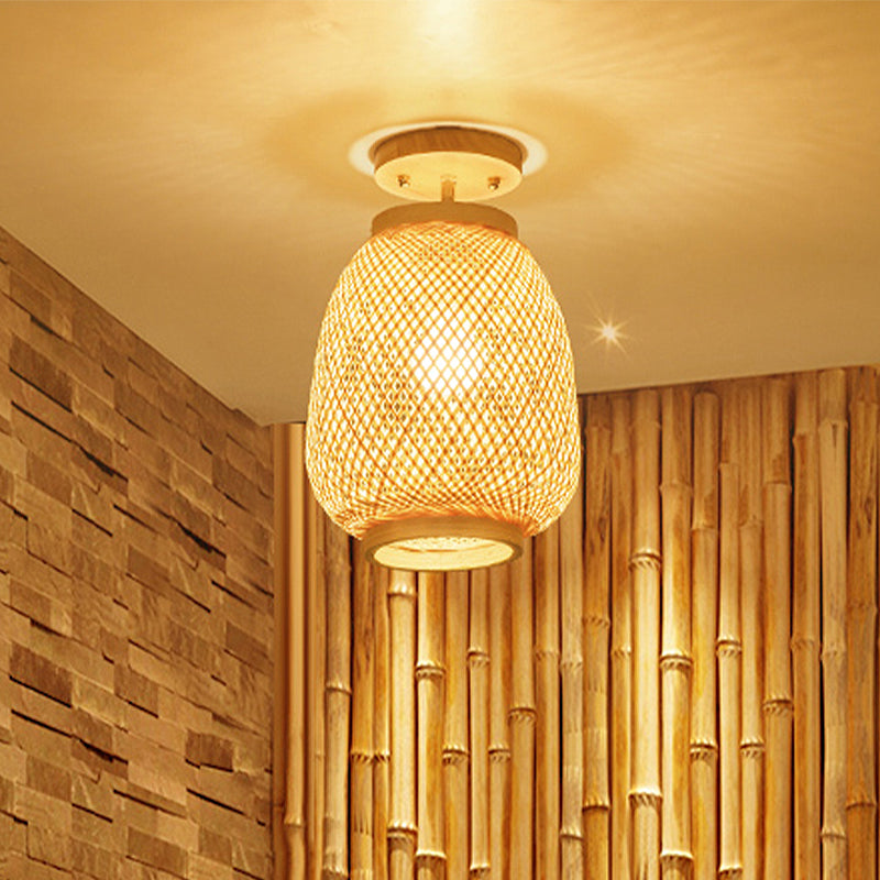 Bamboo Lantern Semi-Flush Mount Asian Ceiling Fixture For Restaurant Beige