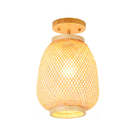 Bamboo Lantern Semi-Flush Mount Asian Ceiling Fixture for Restaurant