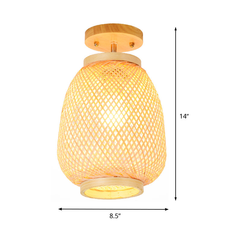 Bamboo Lantern Semi-Flush Mount Asian Ceiling Fixture for Restaurant