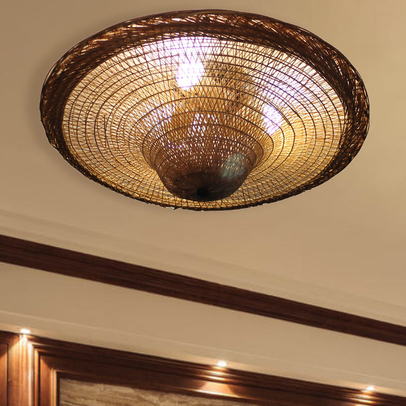 Bamboo Flush Light with 4 Bulbs- Chinese Ceiling-Mounted Fixture in Beige for Dining Room