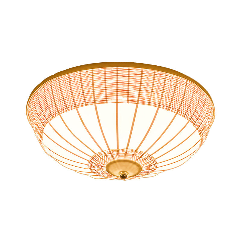 Beige Bamboo Shade Asian Flush Mount Ceiling Lamp with 3 Heads