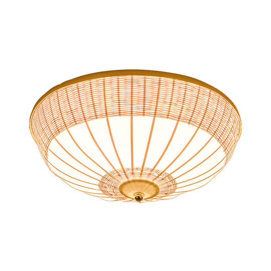 Beige Bamboo Shade Asian Flush Mount Ceiling Lamp with 3 Heads