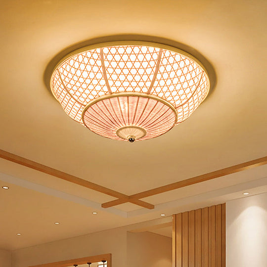 Bamboo Flush Dome Light: Chinese Style Beige Ceiling Fixture (3 Bulbs) - Ideal for Living Room