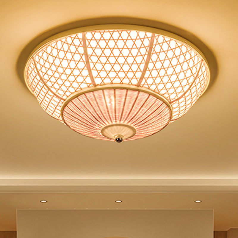 Bamboo Flush Dome Light: Chinese Style Beige Ceiling Fixture (3 Bulbs) - Ideal for Living Room