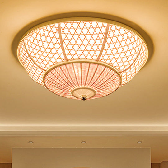 Bamboo Flush Dome Light: Chinese Style Beige Ceiling Fixture (3 Bulbs) - Ideal For Living Room