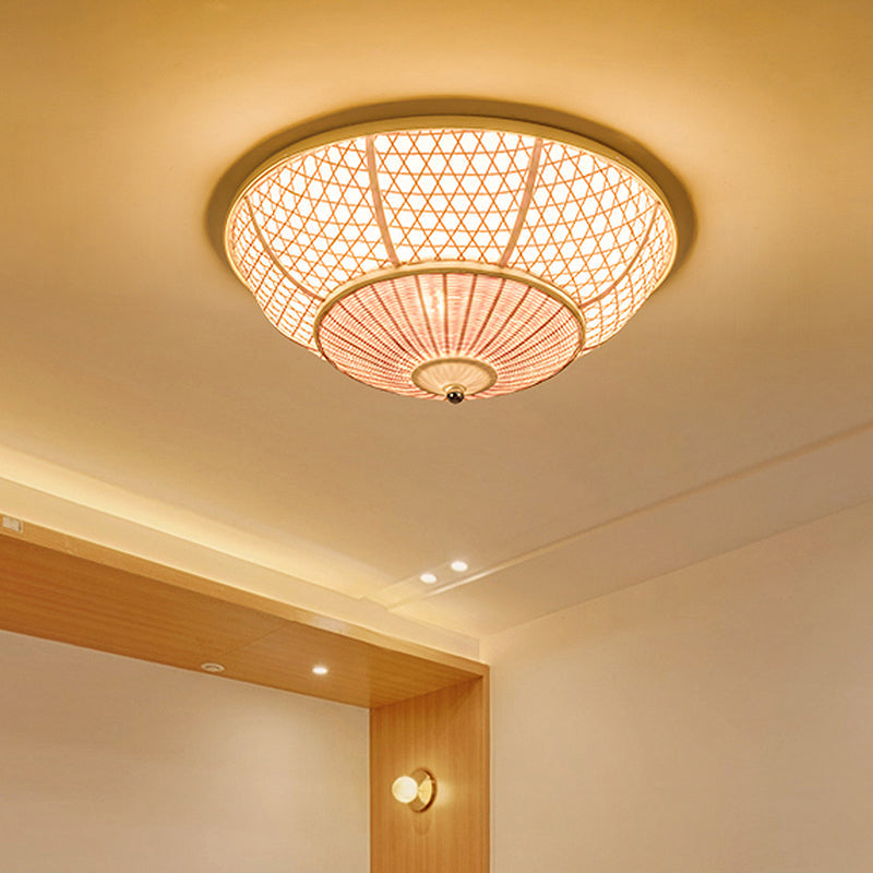 Bamboo Flush Dome Light: Chinese Style Beige Ceiling Fixture (3 Bulbs) - Ideal for Living Room