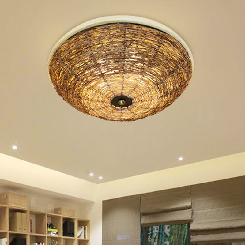 Bowl Rattan Shade Asian Brown Flush Mount Ceiling Light with 3 Bulbs for Dining Room