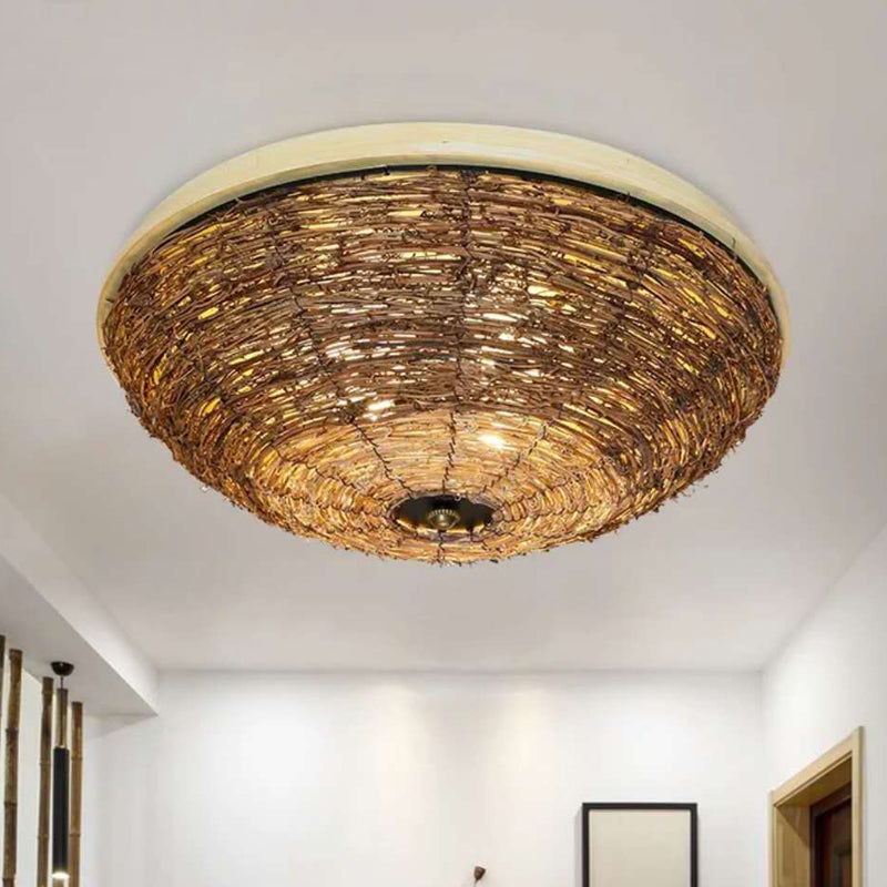 Bowl Rattan Shade Asian Brown Flush Mount Ceiling Light with 3 Bulbs for Dining Room