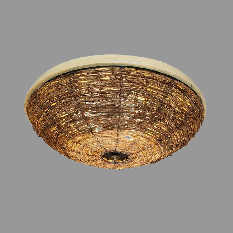 Asian Brown Flush Mount Ceiling Light With Rattan Shade For Dining Room - Set Of 3 Bulbs