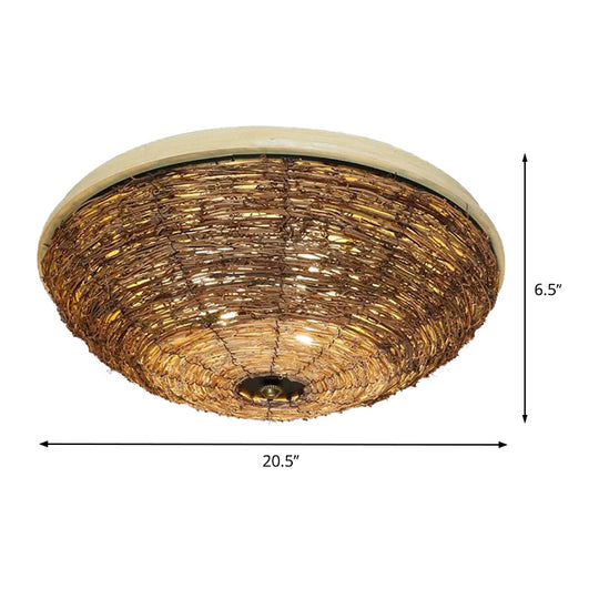 Bowl Rattan Shade Asian Brown Flush Mount Ceiling Light with 3 Bulbs for Dining Room