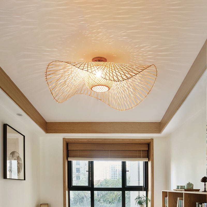 Hand-Worked Bamboo Semi-Flush Mount Light - Japanese Style 2-Bulb Close To Ceiling Lighting In Beige