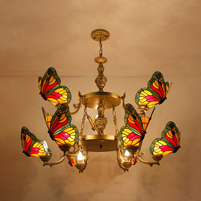 Rustic Lodge Butterfly Chandelier: 9-Light Stained Glass Pendant in Red/Blue for Foyer