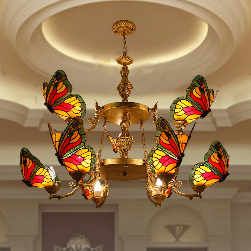 Rustic Lodge Stained Glass Butterfly Chandelier - 9 Light Pendant Lamp In Red/Blue For Foyer