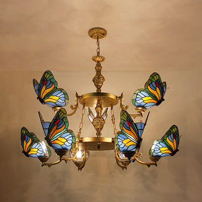 Rustic Lodge Stained Glass Butterfly Chandelier - 9 Light Pendant Lamp In Red/Blue For Foyer Blue