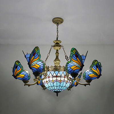 Blue Stained Glass Chandelier Light - Adjustable Chain Pendant For Living Room Décor