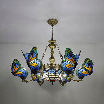 Blue Stained Glass Chandelier Light - Adjustable Chain Pendant For Living Room Décor / Butterfly