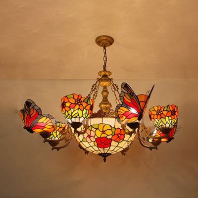 Rustic Stained Glass Chandelier with Butterfly and Sunflower Accents - Red