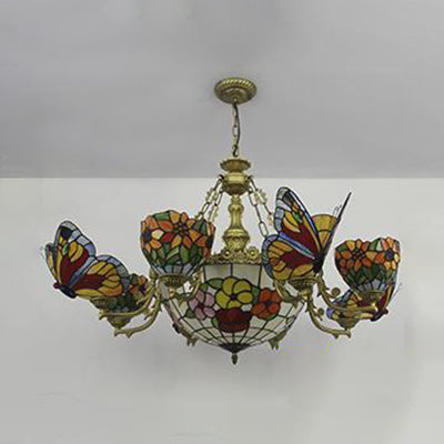 Rustic Stained Glass Chandelier with Butterfly and Sunflower Accents - Red