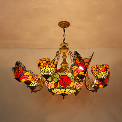 Rustic Stained Glass Chandelier with Butterfly and Sunflower Accents - Red