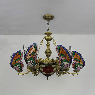 Colorful Glass Butterfly Chandelier with Red Flower/Rose Dome Shade for Staircase