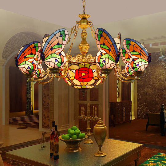 Colorful Glass Butterfly Chandelier with Red Flower/Rose Dome Shade for Staircase