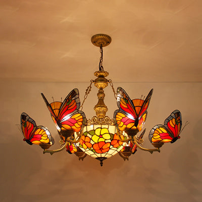 Colorful Glass Butterfly Chandelier with Red Flower/Rose Dome Shade for Staircase