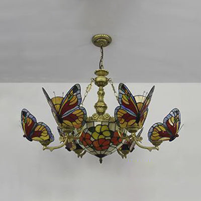 Colorful Glass Butterfly Chandelier with Red Flower/Rose Dome Shade for Staircase