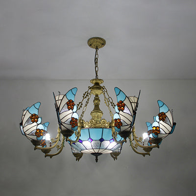 Nautical Lodge Chandelier with Blue Butterfly Glass - 7/9 Lights for Living Room