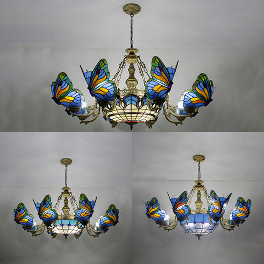 Butterfly Stained Glass Dome Chandelier with Tiffany Style Indoor Hanging Light for Foyer in White/Clear/Beige