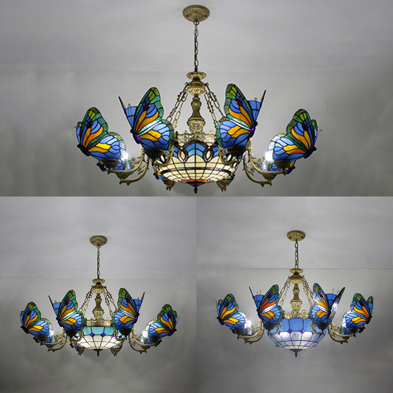 Dome Chandelier Lamp - White/Clear/Beige With Butterfly Stained Glass Tiffany Indoor Hanging Light