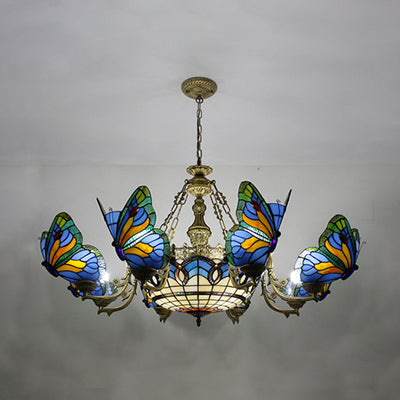 Butterfly Stained Glass Dome Chandelier with Tiffany Style Indoor Hanging Light for Foyer in White/Clear/Beige