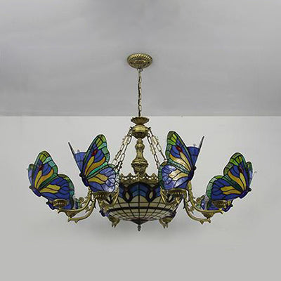 Dome Chandelier Lamp - White/Clear/Beige With Butterfly Stained Glass Tiffany Indoor Hanging Light