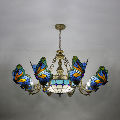 Butterfly Stained Glass Dome Chandelier with Tiffany Style Indoor Hanging Light for Foyer in White/Clear/Beige