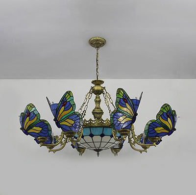 Butterfly Stained Glass Dome Chandelier with Tiffany Style Indoor Hanging Light for Foyer in White/Clear/Beige